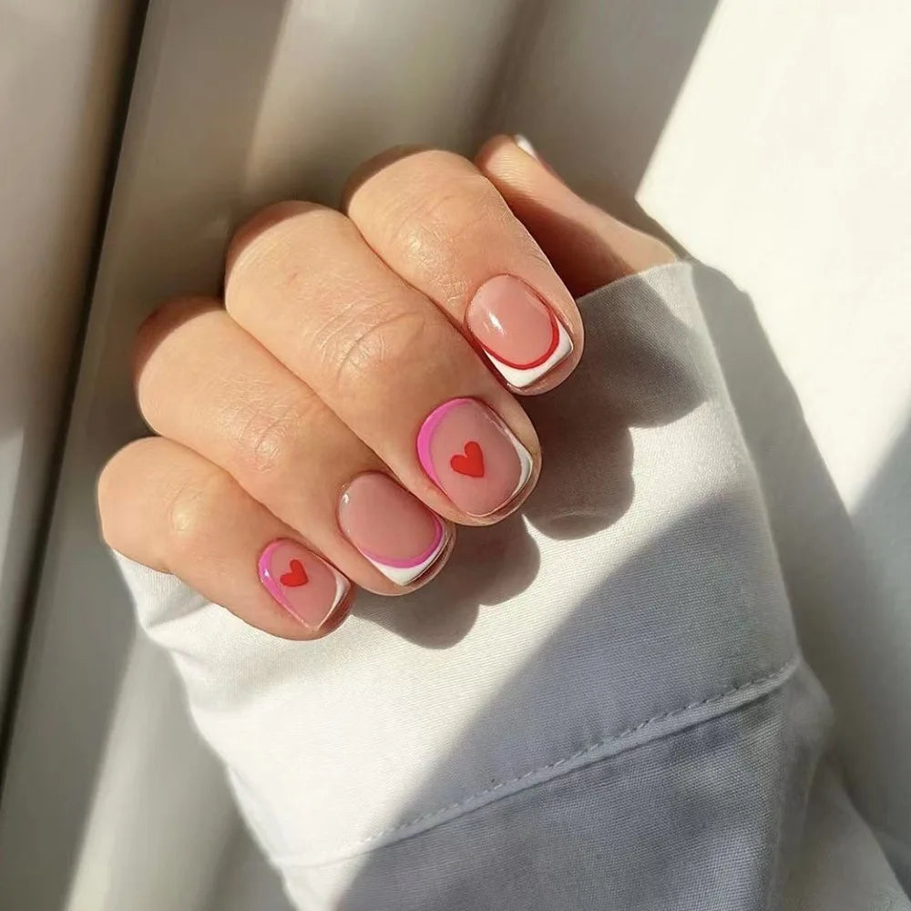 24Pcs Short French Wearable Fake Nails with Glue Simple Stripe Nail Art Full Cover Ballerina Fashion Press on Nail Manicure Tips