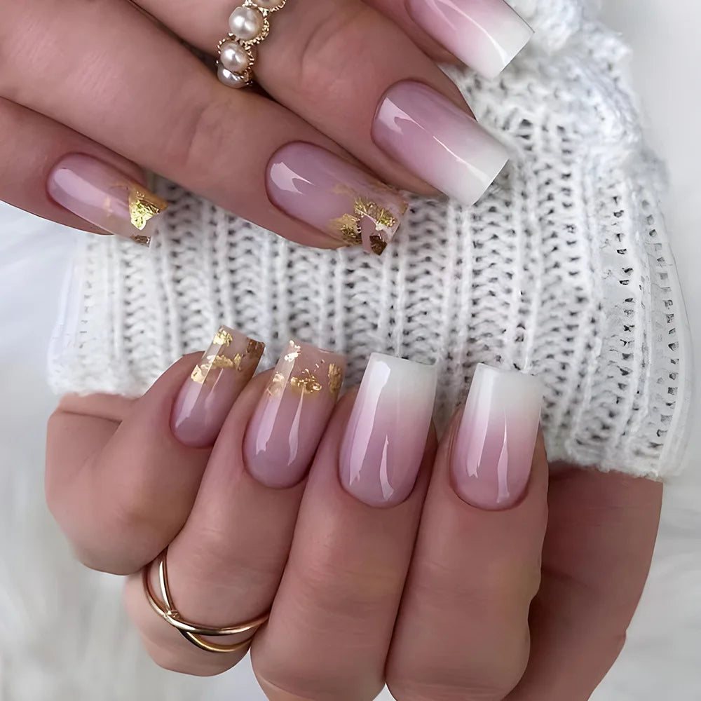 24Pcs Mid-length Square Head Press on False Nails with Golden Shiny Powder Gradient Fake Nails Detachable Full Cover Nails Tips