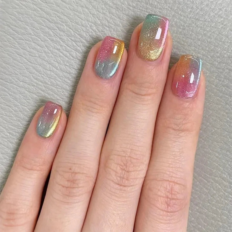 24Pcs Short False Nails Press on Nails Solid Color Cat Eye Design with Jelly Glue Square False Nail Wearable Acrylic Manicure
