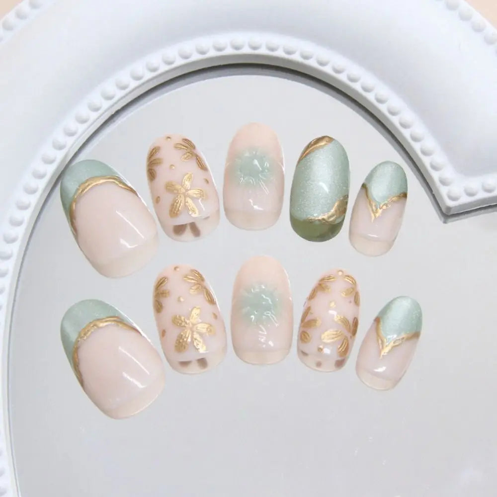 24pcs Manicure Oval False Nails Green French Press on Nails Detachable Cat Eye Flower Nail Tips DIY