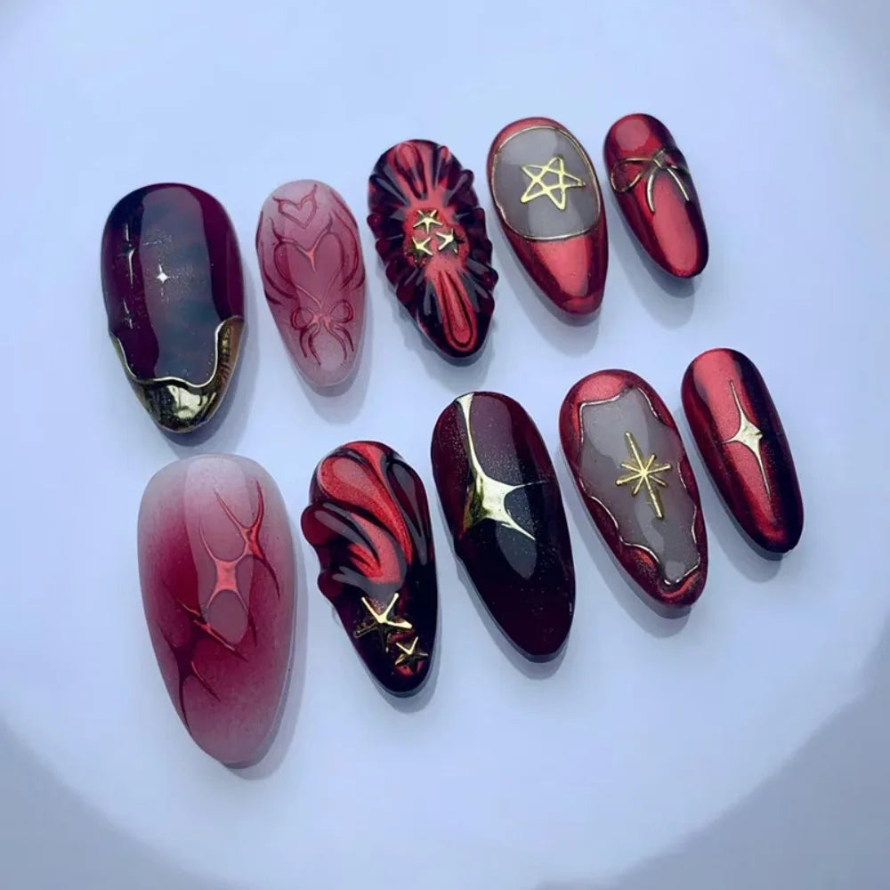 24pcs Manicure Long Almond False Nails French Simple Press on Nails Cherry Color Detachable Fake Nials DIY