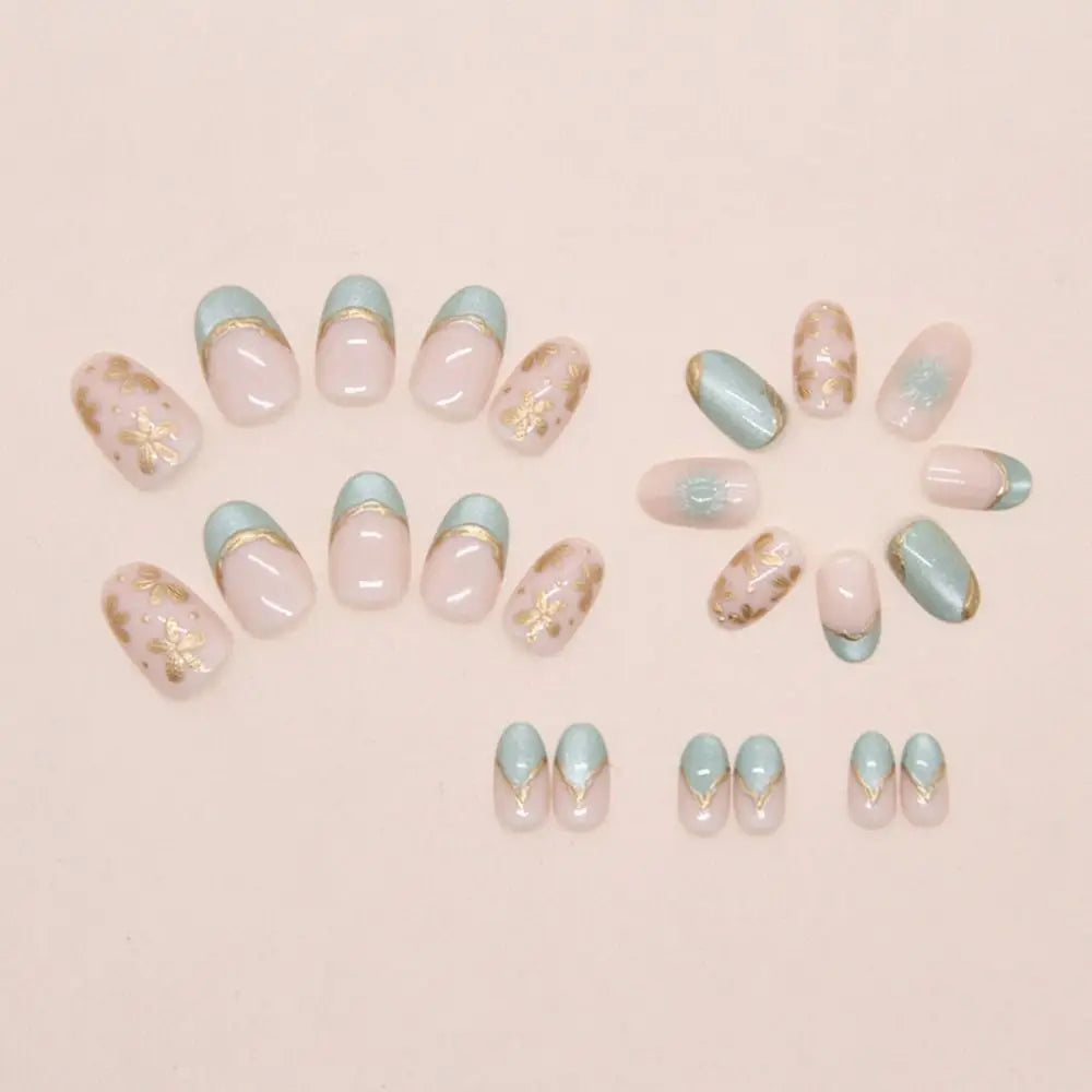 24pcs Manicure Oval False Nails Green French Press on Nails Detachable Cat Eye Flower Nail Tips DIY