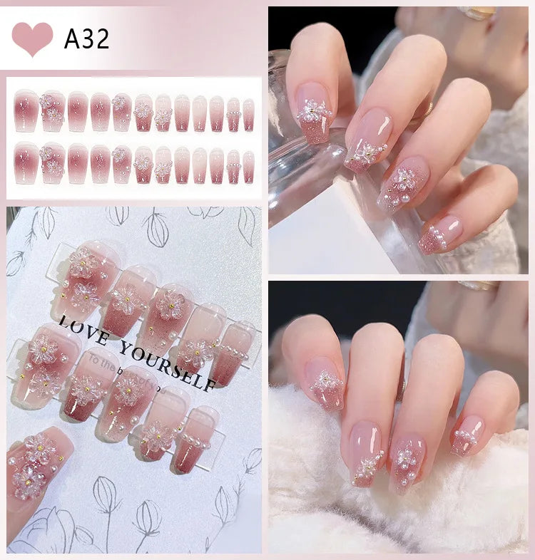 Square Head Flower Design Fake Nail Tips Acrylic Floral Wearable Ballet False Nail Artificial Full Cover Press on Nails