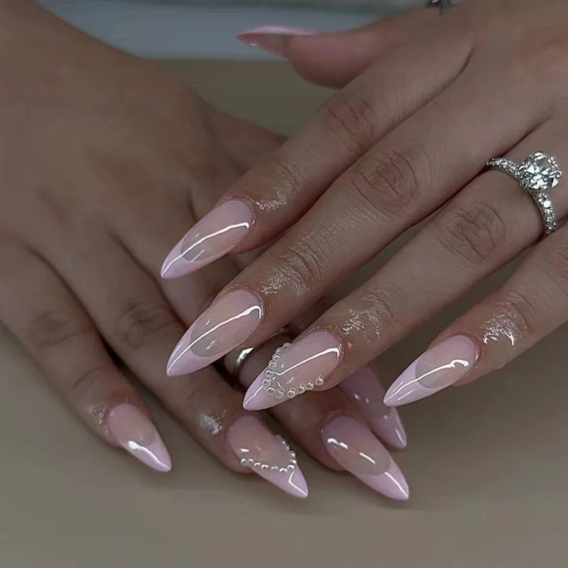 24pcs Bow False Nails Sets Press on Pink French Valentine’s Day Long Almond Nails Art Reusable Love Rhinestone Design Fake Nail