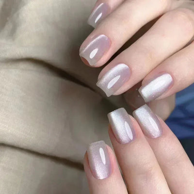 Purple Cat Eye Fake Nails Square Head French Ballet Nails Short Press on Nails