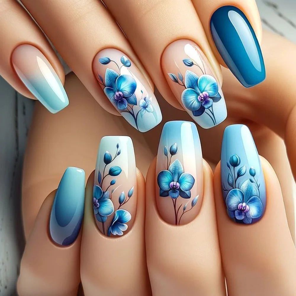 24Pcs Mid-length Ballet False Nails Press on Nails Spring Flowers Fresh Design Fake Nails with Glue Wearable Acrylic Nail Tips