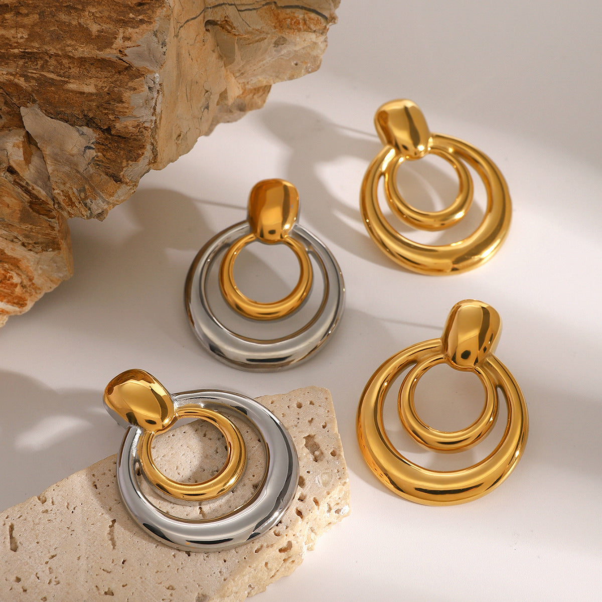 18K Gold Hollow Stud Earrings - Double Layer Round Stainless Steel