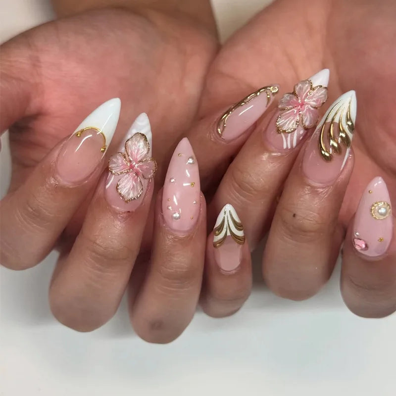 24Pcs Almond False Nails Dreamy 3D Shell Fake Nails Golden Chrome Powder Nail Pearl Butterfly Flower Press on Nails Sweet Cool