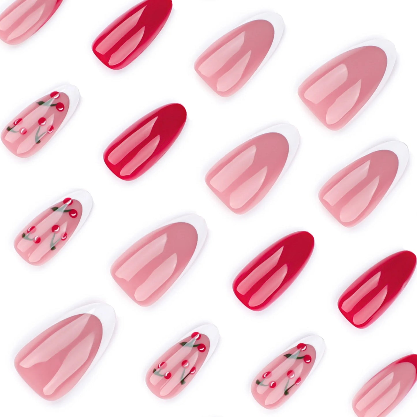 Lovely Cherry Solid Color Red Nail Art White French Simple Fake Nails Detachable Finished False Nails Press on Nails with Glue