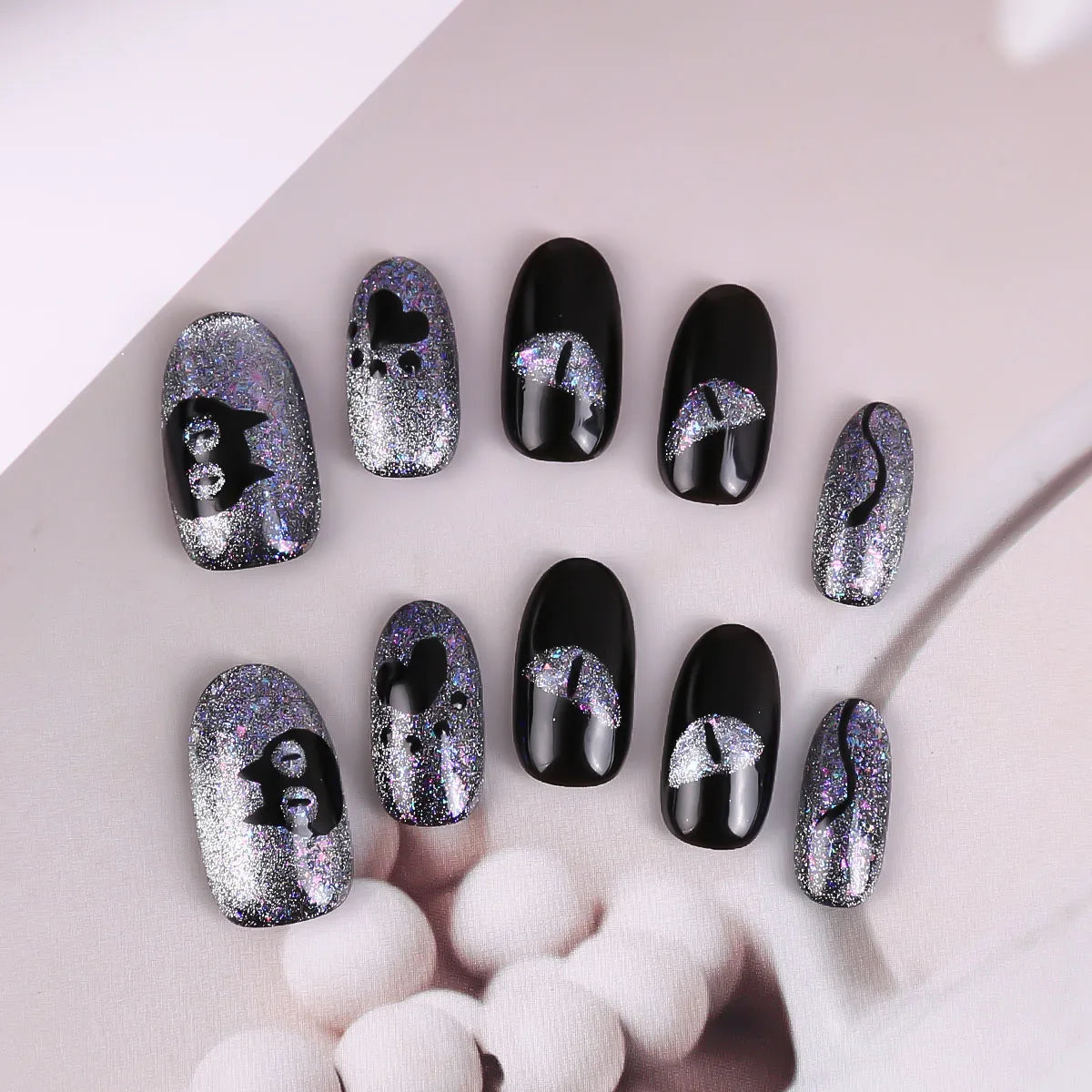 Handmade Press on Nails Gothic Punk Black Hand-painted Fake Nails Full Cover Wearable European Mid-length Coffin False Nails