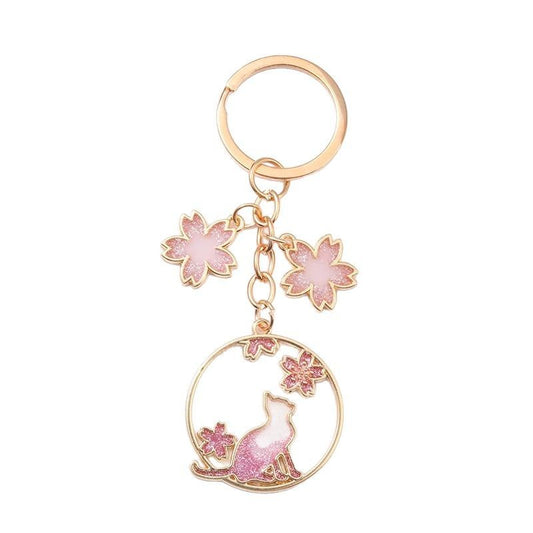 Oil Dripping Cartoon Black Cat Wreath Cherry Blossom Keychain