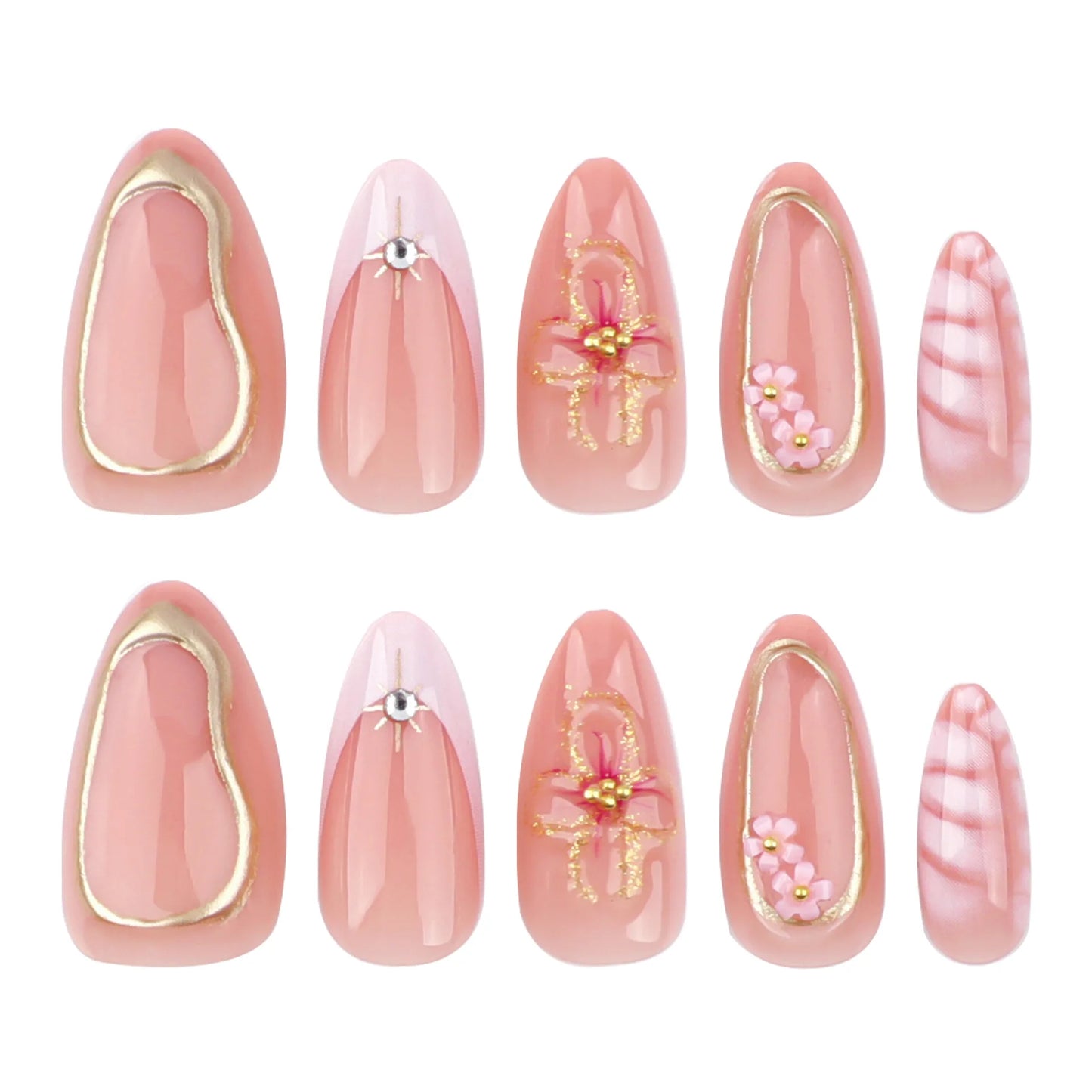 24pcs New Alligator Print False Nails Pink French Style 3D Flower Decor Press On Nail Glitter Gold Powder Designs Fake Nails