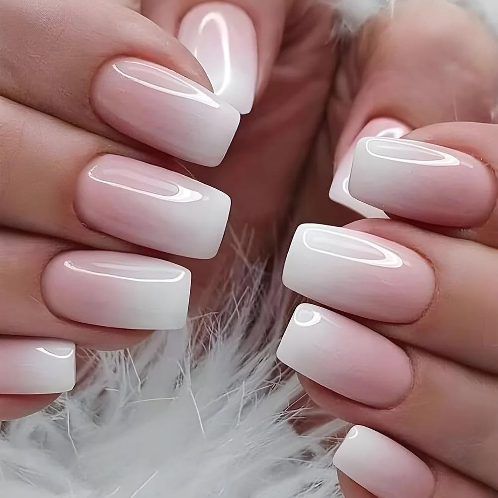 Square Head French Fake Nails Waterproof Wearable Manicure Nude Color Gradient Press on Nails Full Cover Flash Nail Tips Women