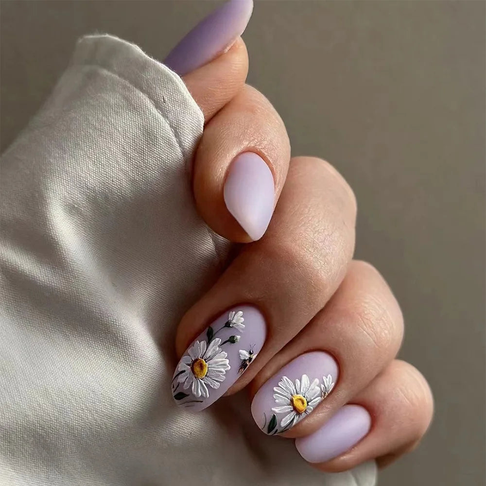 Flowers Gold Glitter Powder Edge White French Nail Art Fashion Wearable Fake Nail Detachable Finished False Nails Press on Nails