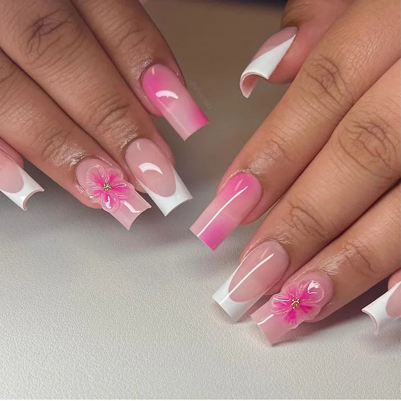Sweet Medium Square False Nails with Glue Blush Pink Flowers Fake Nails Press on Nails