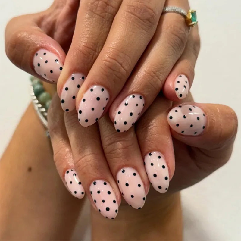 Red Pink French Polka Dot Round Dot Wearable Nail Art Short Almond Fake Nails Detachable Finished False Nails Press on Nails