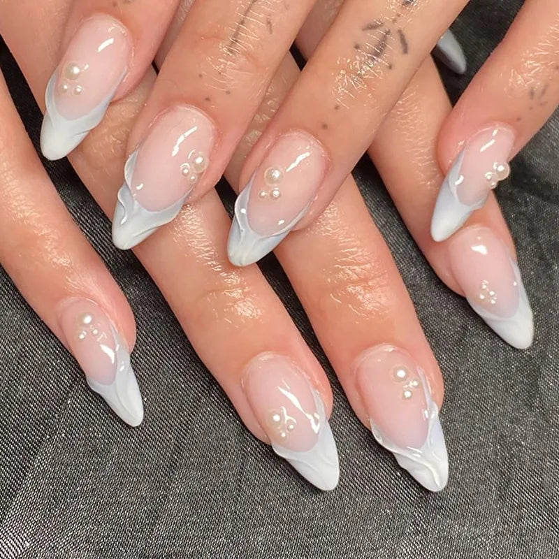 24pcs Simple Green French Fake Nails Finished Fashion Flower Design Almond False Nail Tips Reusable Long Oval Press on Nails Set