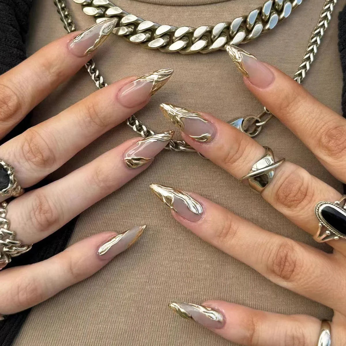 3D Silver Metallic Style French Rhinestone Stars Nail Art Y2K Fashion False Nails Detachable Finished Fake Nails Press on Nails