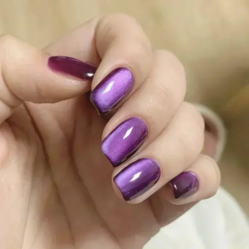 Purple Cat Eye Fake Nails Square Head French Ballet Nails Short Press on Nails