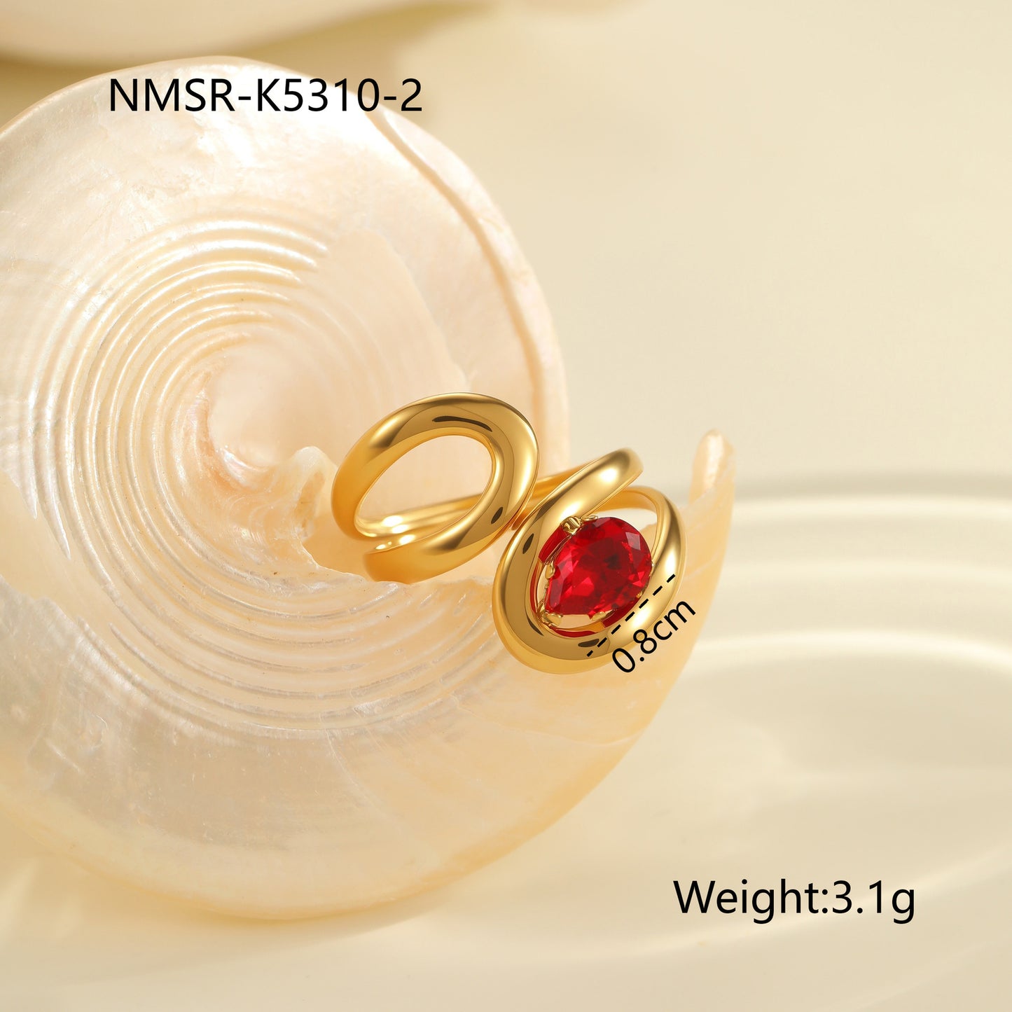 Red Zircon Ring - Titanium Steel Open-end Bold Geometric Design