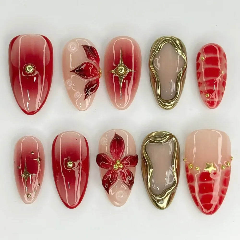 24pcs Manicure Long Almond False Nails French Simple Press on Nails Cherry Color Detachable Fake Nials DIY