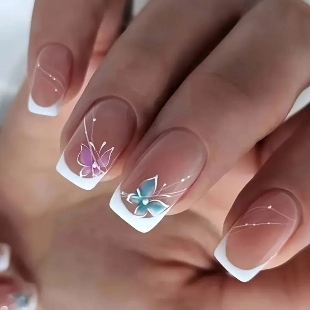 Square Head French Fake Nails Waterproof Wearable Manicure Nude Color Gradient Press on Nails Full Cover Flash Nail Tips Women