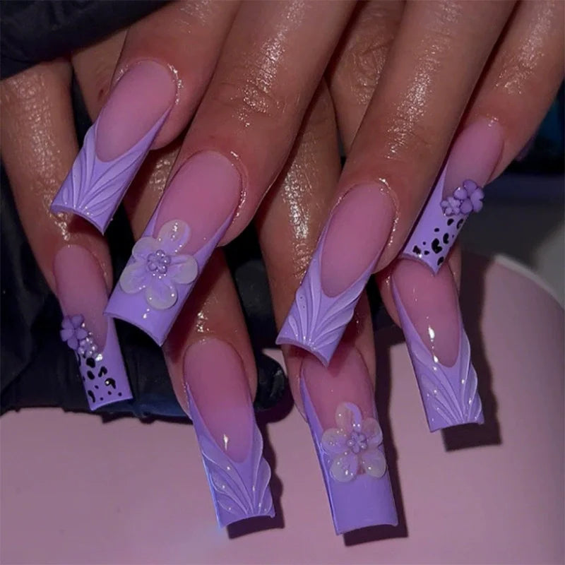 Sweet Medium Square False Nails with Glue Blush Pink Flowers Fake Nails Press on Nails