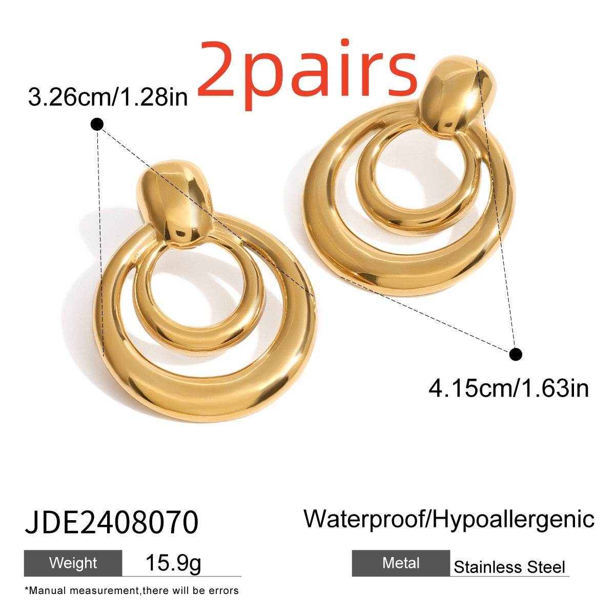 18K Gold Hollow Stud Earrings - Double Layer Round Stainless Steel