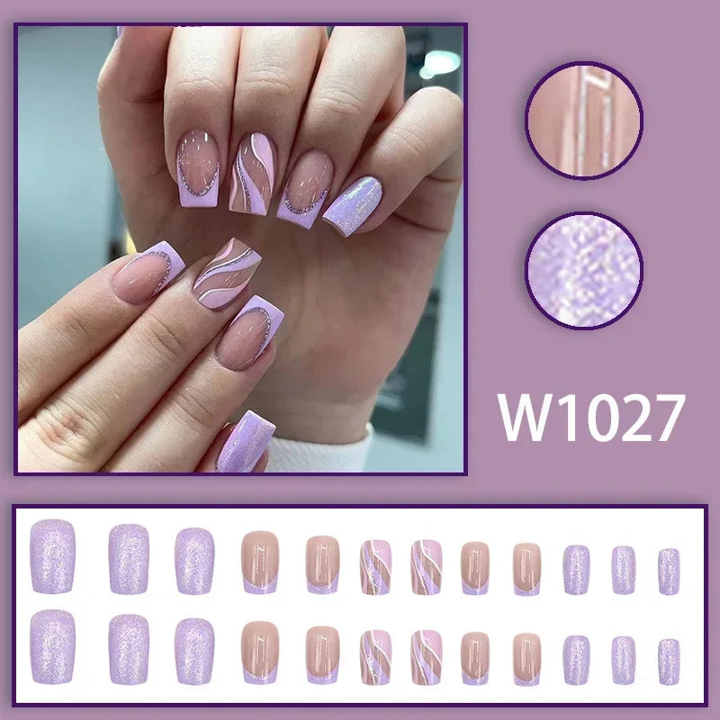 24Pcs Short French Wearable Fake Nails with Glue Simple Stripe Nail Art Full Cover Ballerina Fashion Press on Nail Manicure Tips