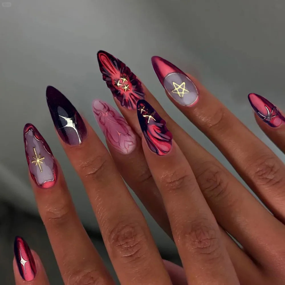 24pcs Manicure Long Almond False Nails French Simple Press on Nails Cherry Color Detachable Fake Nials DIY