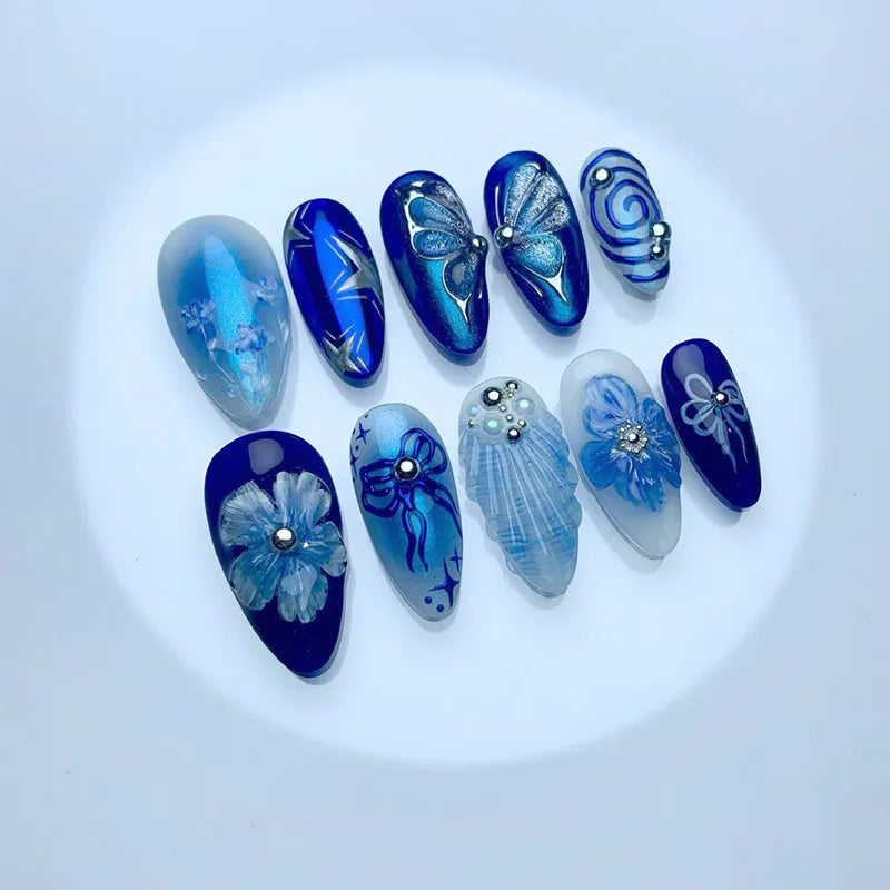 24Pcs Mid-length French Almond Fake Nails Beach 3D Starfish Shell Design Press on False Nails Rhinestone Wearable Manicure Tips