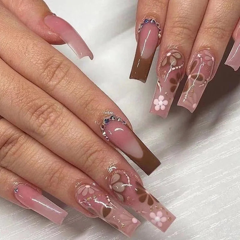 Sweet Medium Square False Nails with Glue Blush Pink Flowers Fake Nails Press on Nails