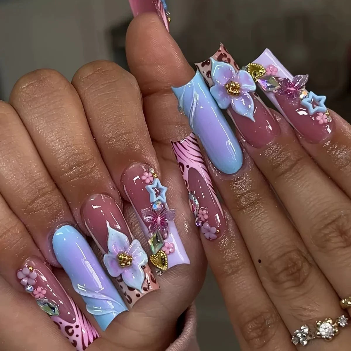 Sweet Medium Square False Nails with Glue Blush Pink Flowers Fake Nails Press on Nails
