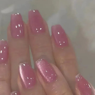 Purple Cat Eye Fake Nails Square Head French Ballet Nails Short Press on Nails