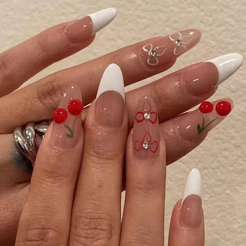Lovely Cherry Solid Color Red Nail Art White French Simple Fake Nails Detachable Finished False Nails Press on Nails with Glue