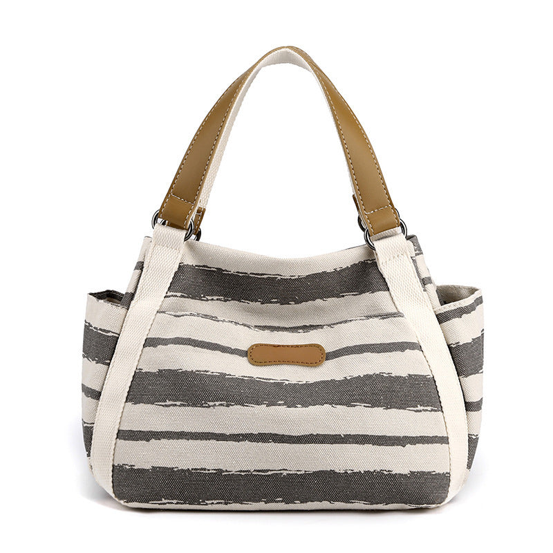 Canvas Striped Handbag - Large Capacity Outdoor Shoulder Storage Bag