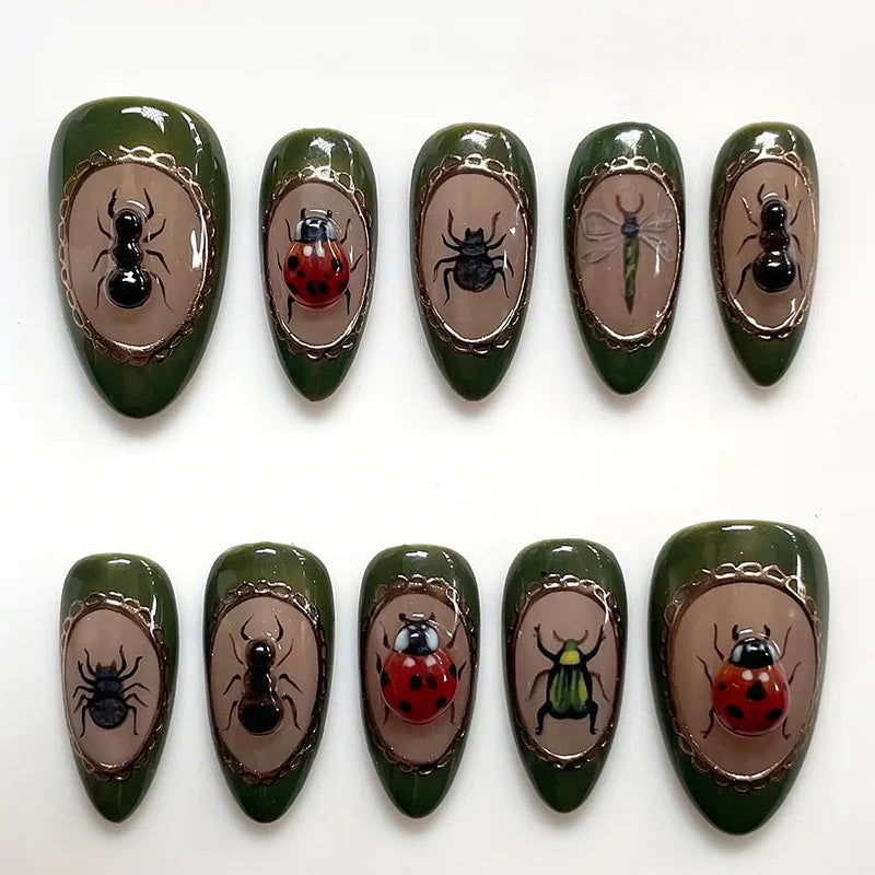 24Pcs Short French Almond Press on Fake Nails with Red Apple Design False Nail Art Wearable Oval Rhinestone Full Cover Nail Tip