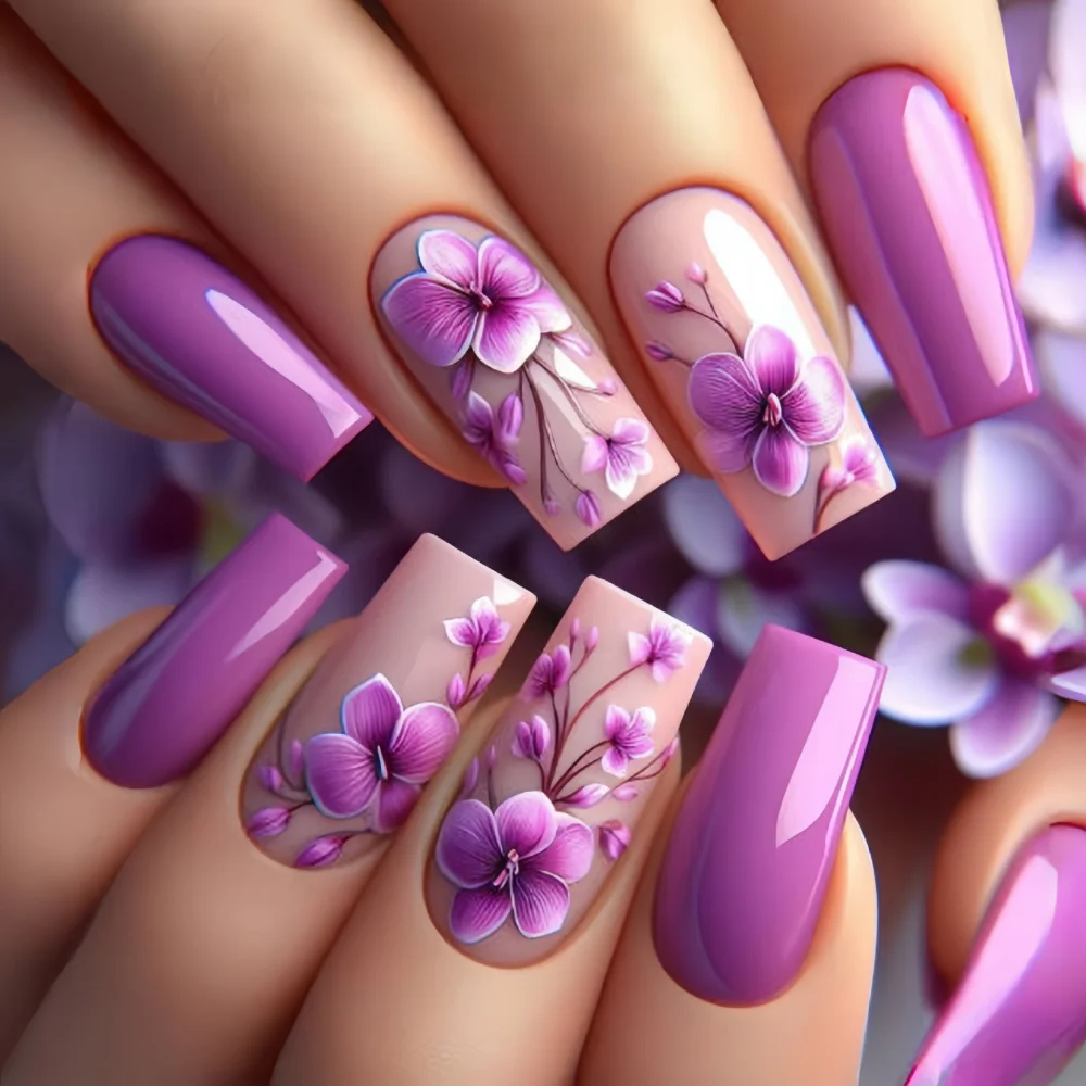 Purple Nails Press on Glitter