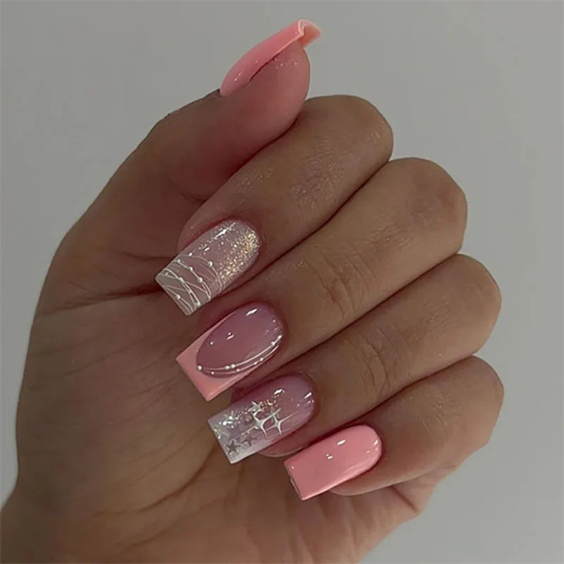 24Pcs Short French Wearable Fake Nails with Glue Simple Stripe Nail Art Full Cover Ballerina Fashion Press on Nail Manicure Tips