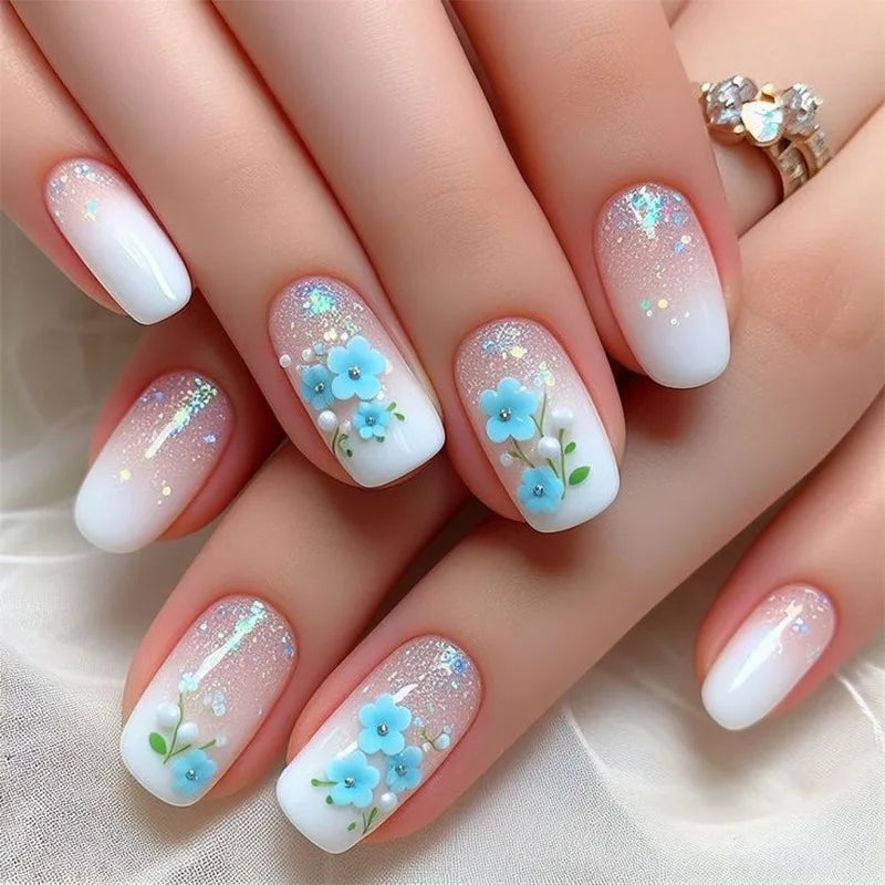 Flowers Gold Glitter Powder Edge White French Nail Art Fashion Wearable Fake Nail Detachable Finished False Nails Press on Nails