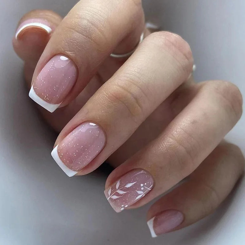 Naked Pink French White Side False Nails Short Simple Nail Beauty Press on Nails