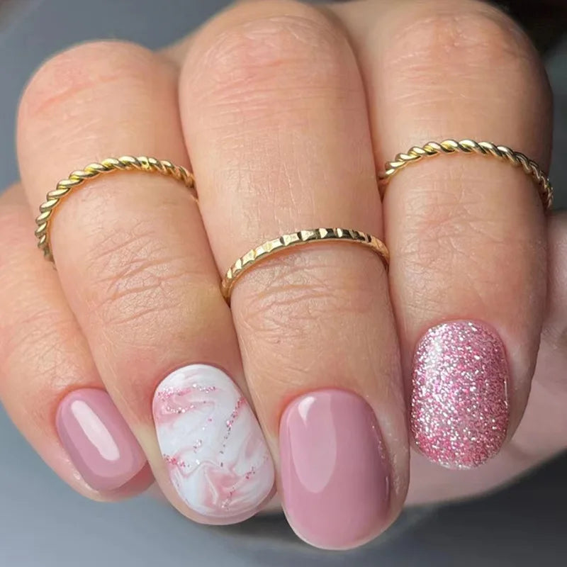 Round False Nails Green Red Wave French Tips Press on Nails