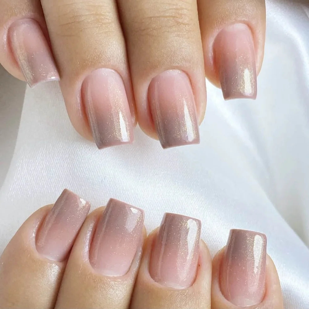 Square Head French Fake Nails Waterproof Wearable Manicure Nude Color Gradient Press on Nails Full Cover Flash Nail Tips Women