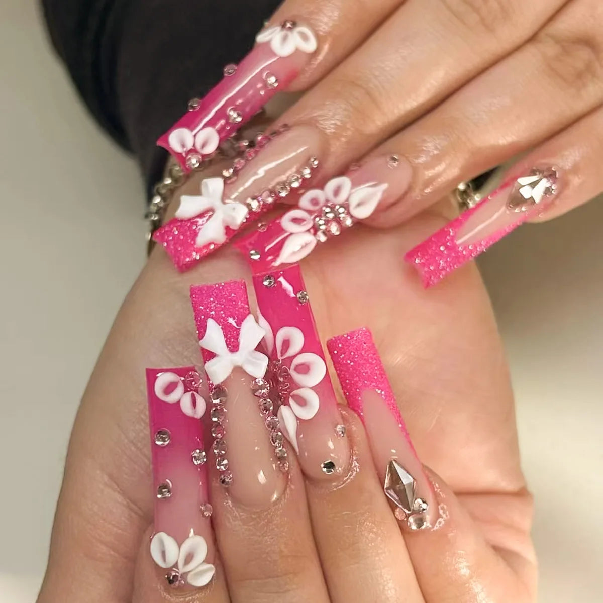 Sweet Medium Square False Nails with Glue Blush Pink Flowers Fake Nails Press on Nails