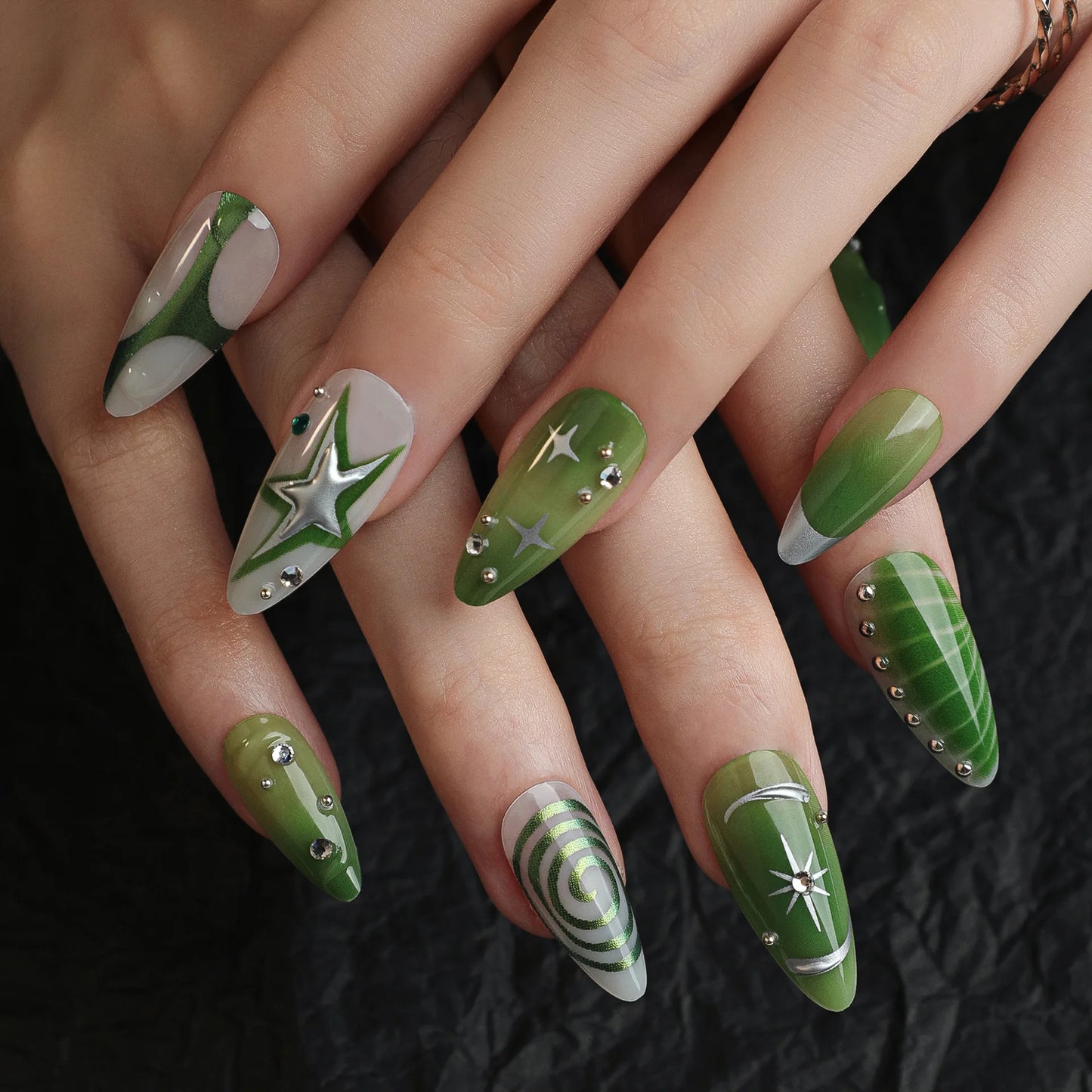 3D Silver Metallic Style French Rhinestone Stars Nail Art Y2K Fashion False Nails Detachable Finished Fake Nails Press on Nails