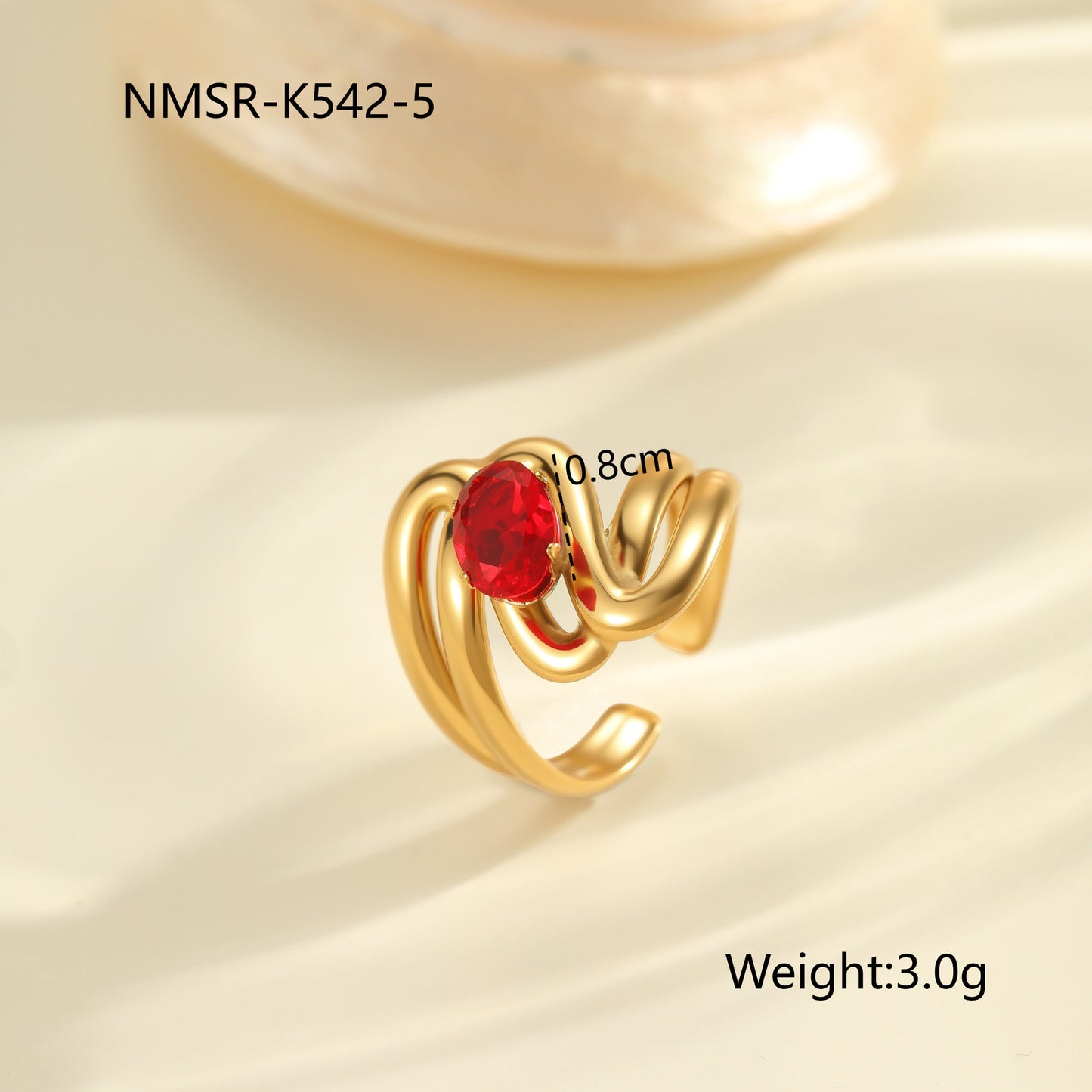 Red Zircon Ring - Titanium Steel Open-end Bold Geometric Design