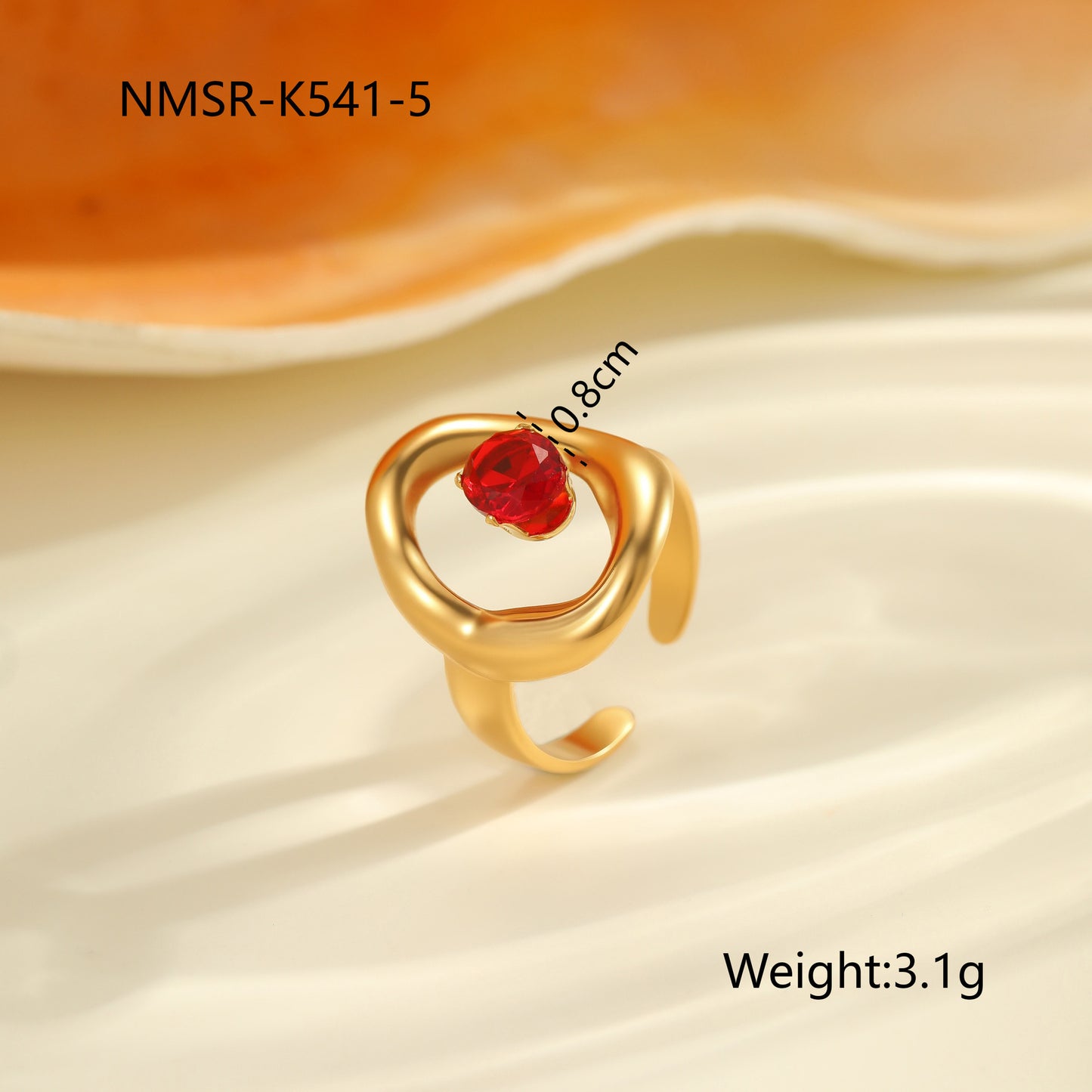 Red Zircon Ring - Titanium Steel Open-end Bold Geometric Design