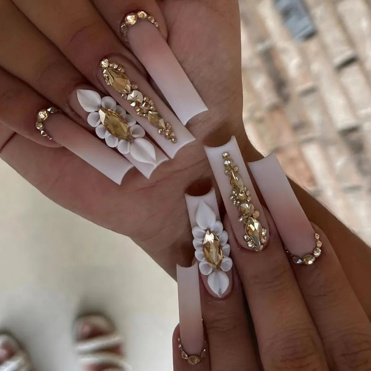 Sweet Medium Square False Nails with Glue Blush Pink Flowers Fake Nails Press on Nails