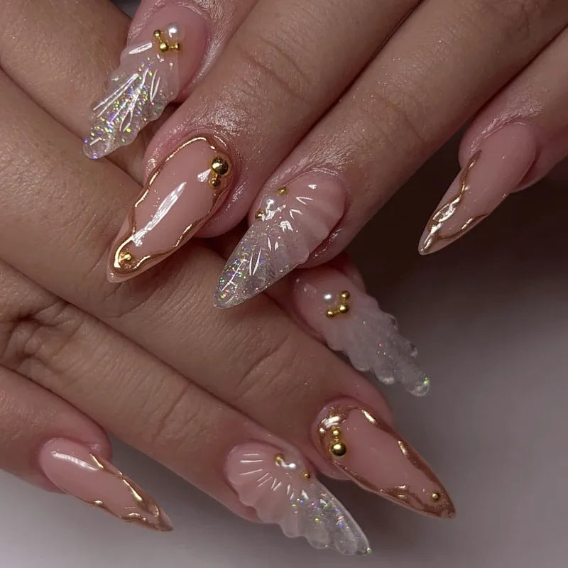 24Pcs Almond False Nails Dreamy 3D Shell Fake Nails Golden Chrome Powder Nail Pearl Butterfly Flower Press on Nails Sweet Cool