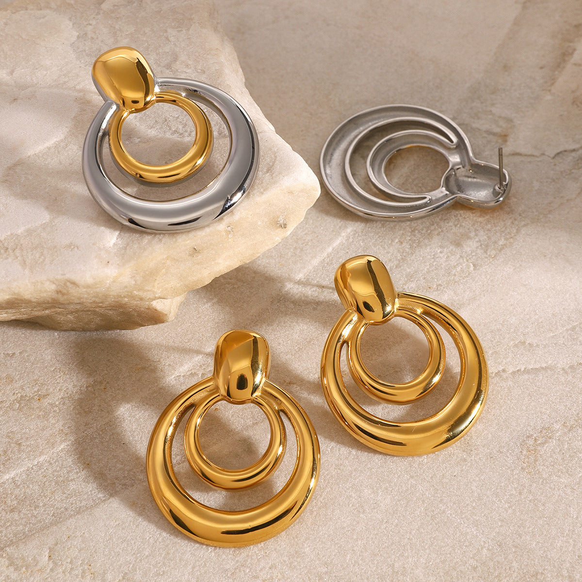 18K Gold Hollow Stud Earrings - Double Layer Round Stainless Steel